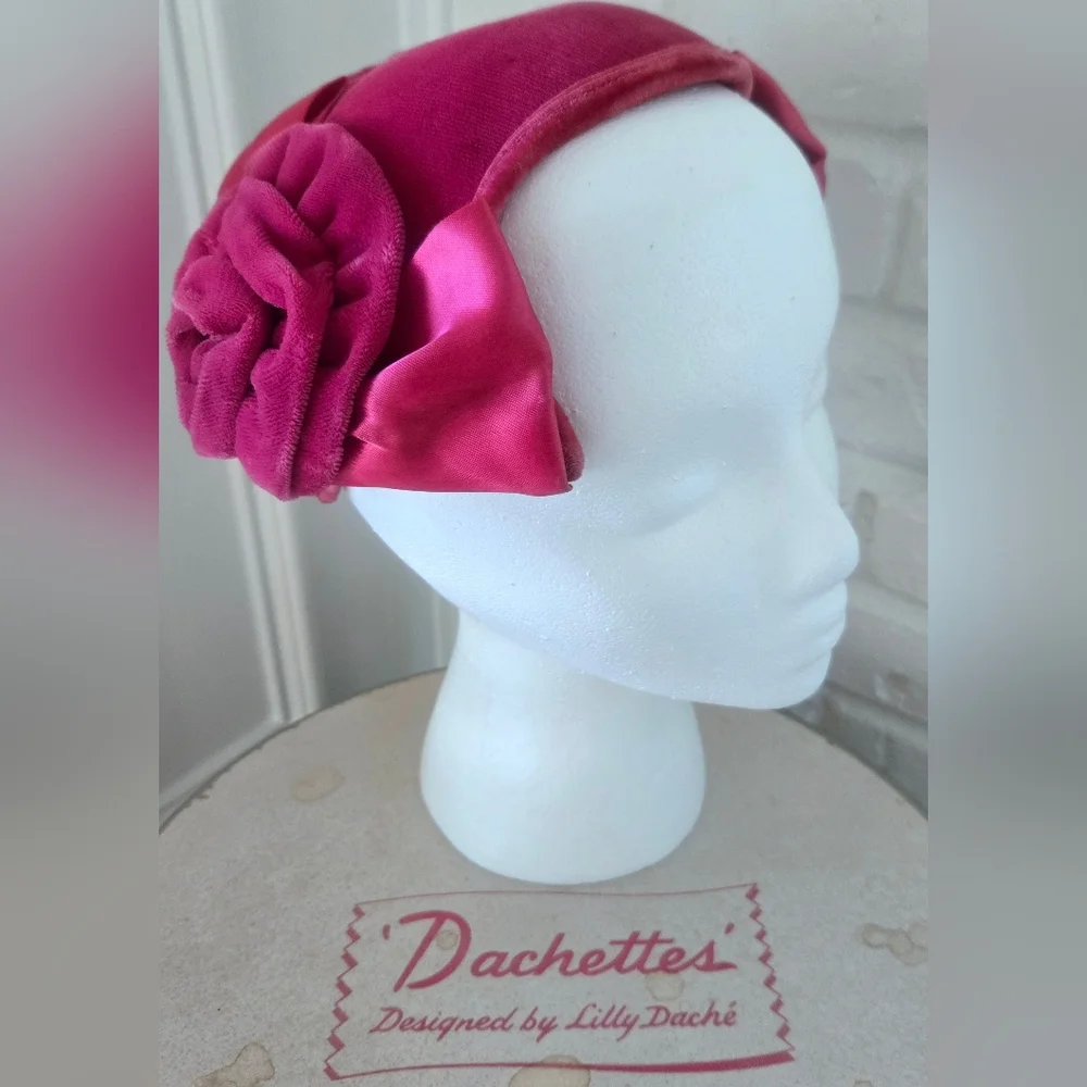 Vtg 1950s Lilly Daché Floral Calot Hat, Ribbon, Velvet, S/7 - Picture 4 of 15